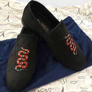 May Anthony NEW King Snake Scarlet Black Velvet Embroidered Loafer Slipper Men 7